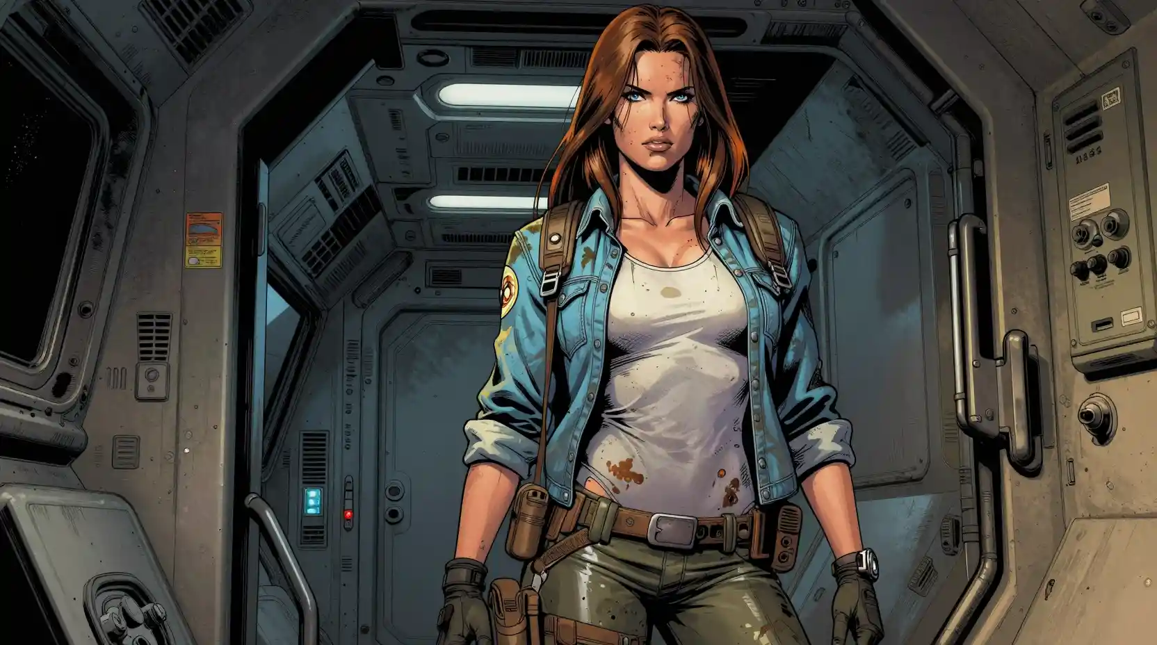 Oil stained space explorer woman in a dim ship corridor