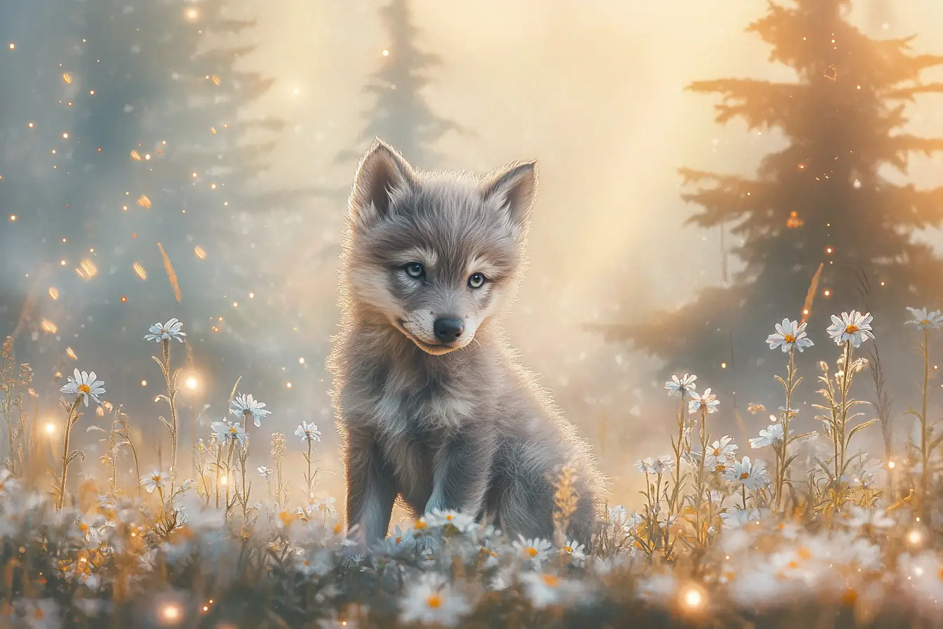 發光野花草地中的夢幻小狼寶寶