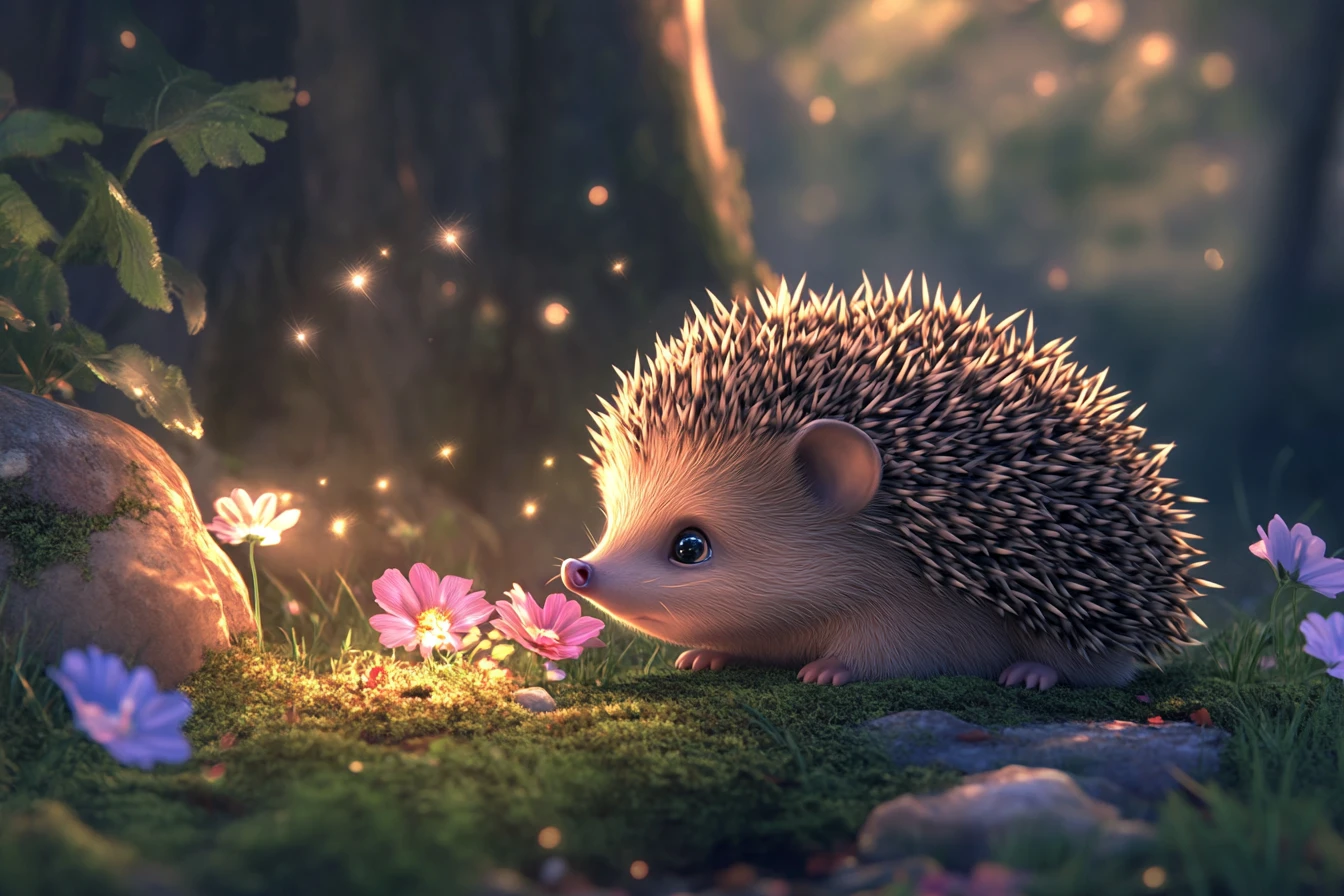 Filhote de ouriço‑cacheiro fofo com flores brilhantes ao anoitecer