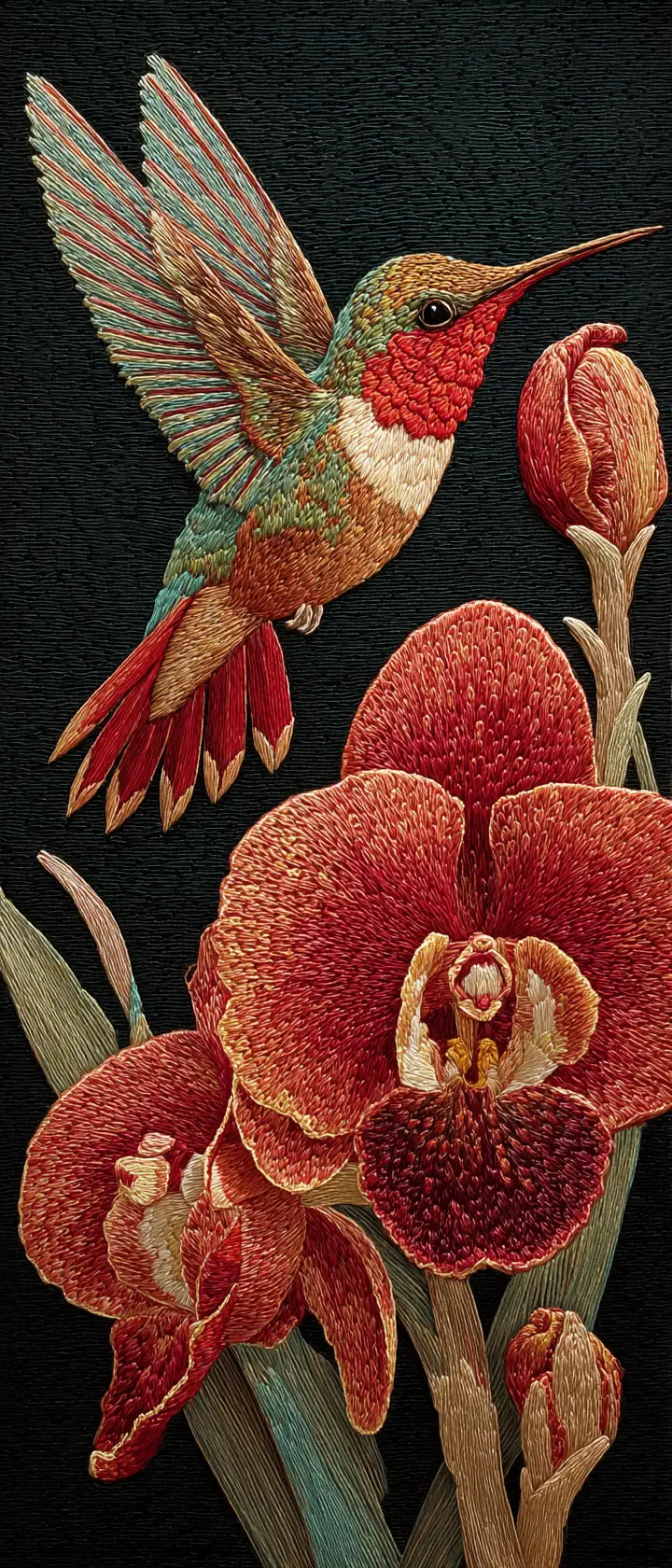 Colibrì ricamato sospeso davanti a un’orchidea in fiore