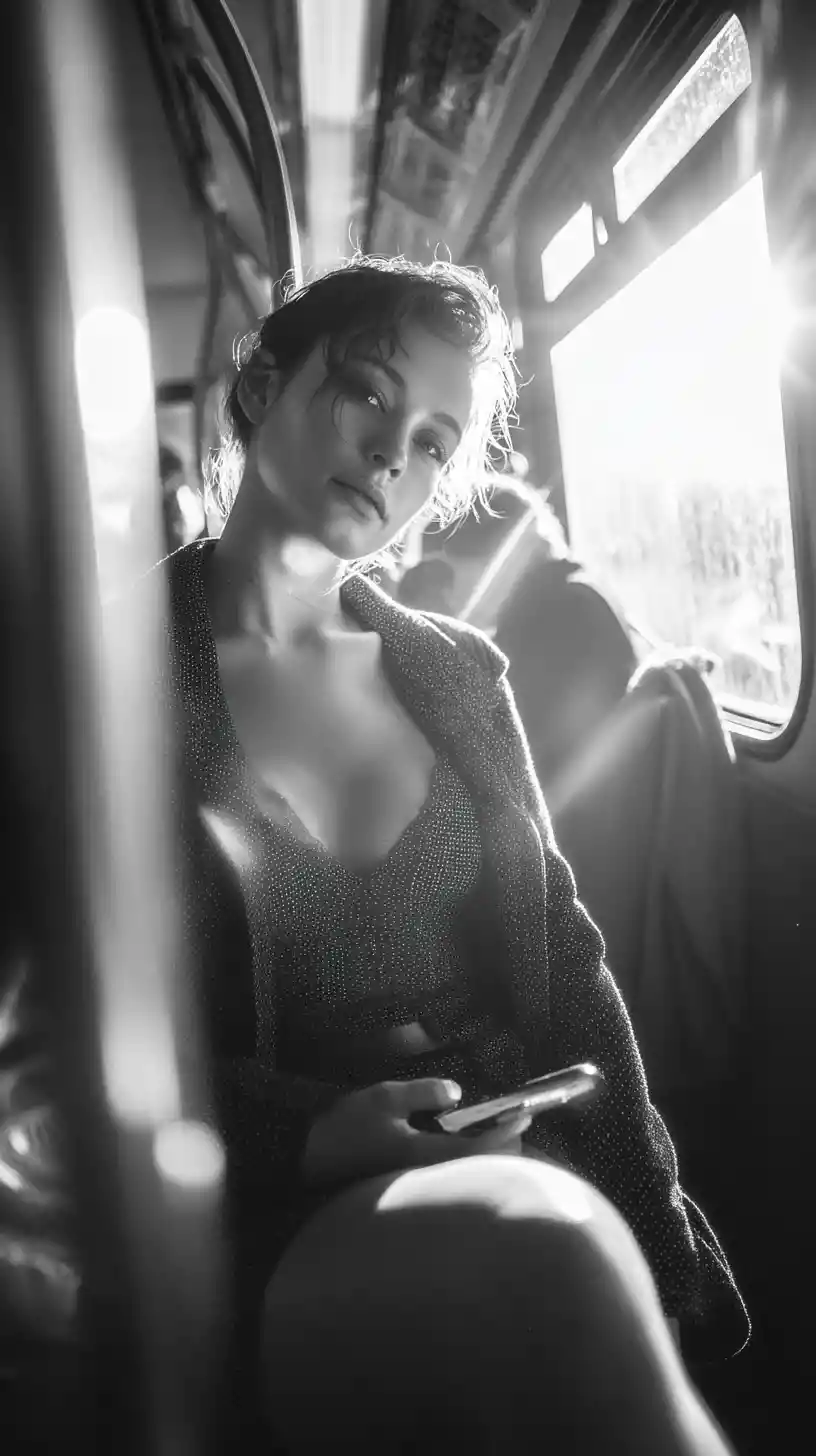 Mulher em ônibus matinal banhada por luz suave e cinematográfica