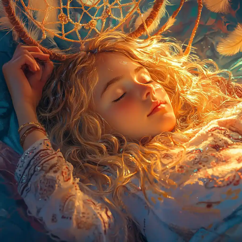 Cute girl sleeping in bed under glowing dreamcatcher