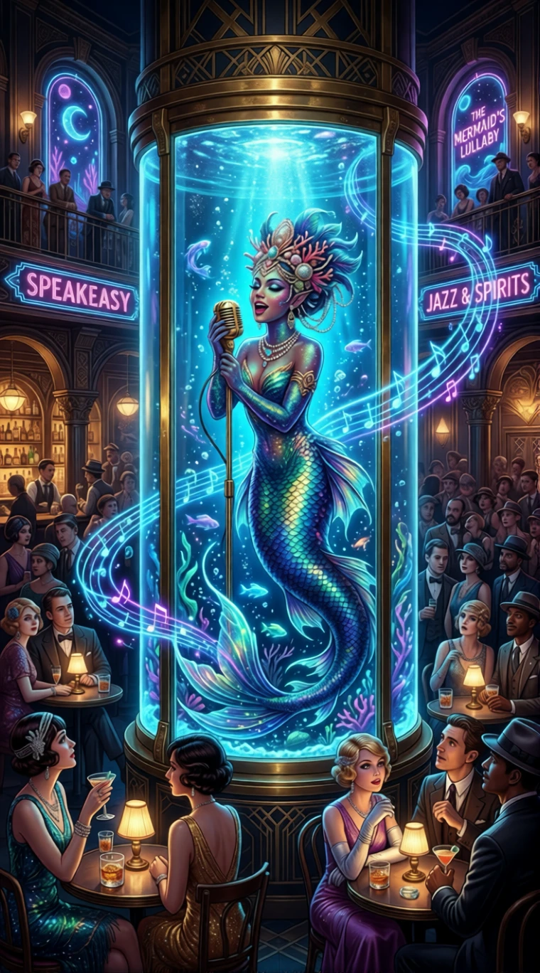 Cantante sirena che si esibisce in un acquario speakeasy luminoso degli anni 1920
