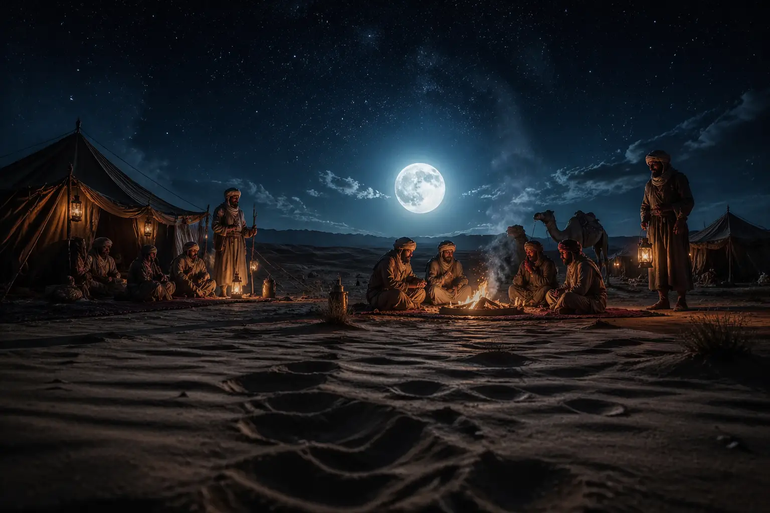 Nomadi del deserto che riposano accanto a falò al chiaro di luna sotto un cielo luminoso