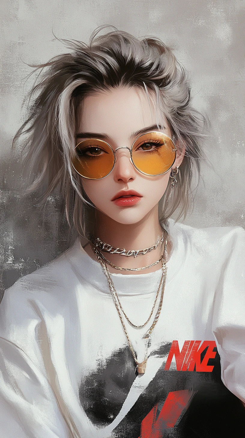 Femme androgynique façon anime en streetwear avec accessoires audacieux