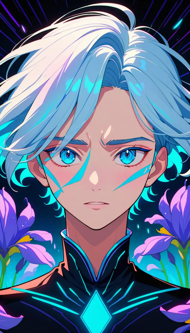 Ritratto di ragazzo anime con occhi blu luminosi e capelli argento
