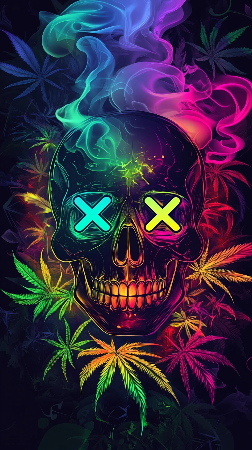 迷幻霓虹骷髏與發光大麻葉光環