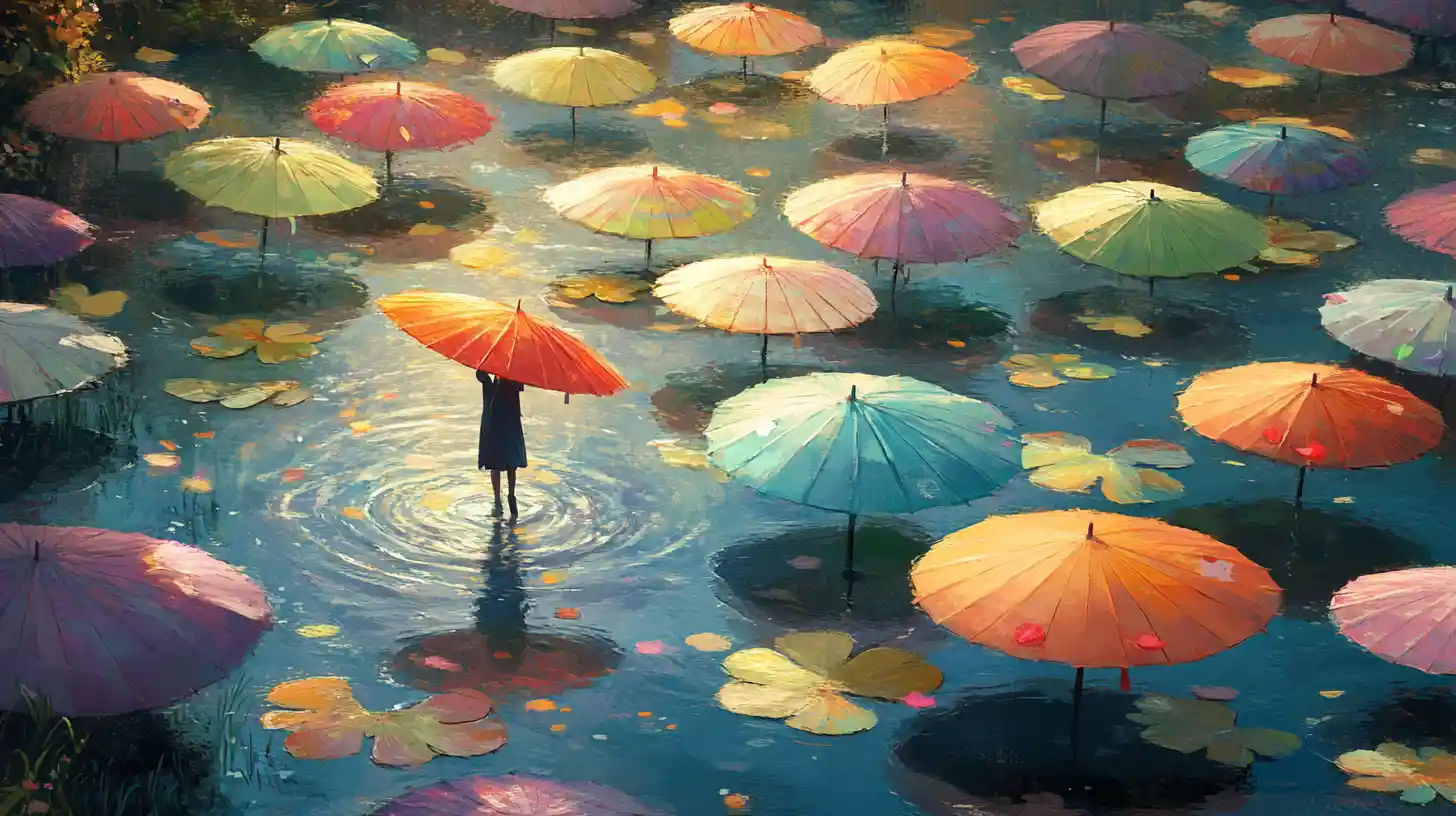 Person Crossing Colorful Umbrellas Floating On Quiet River