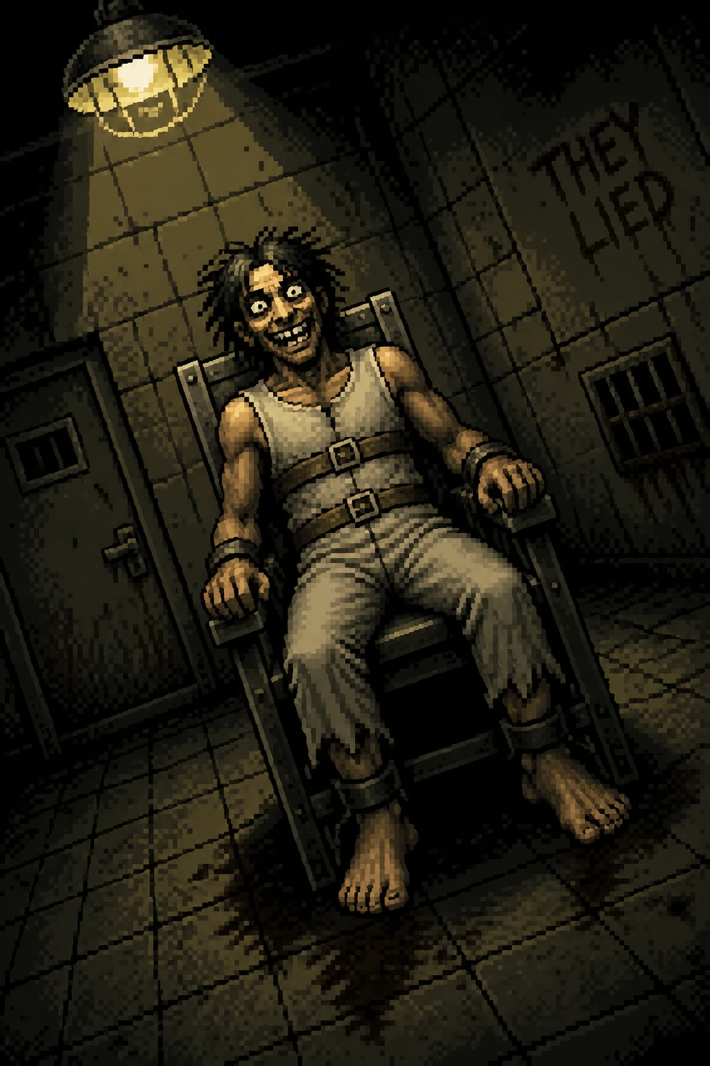 Paciente maníaco amarrado a cadeira em cela de prisão em pixel art