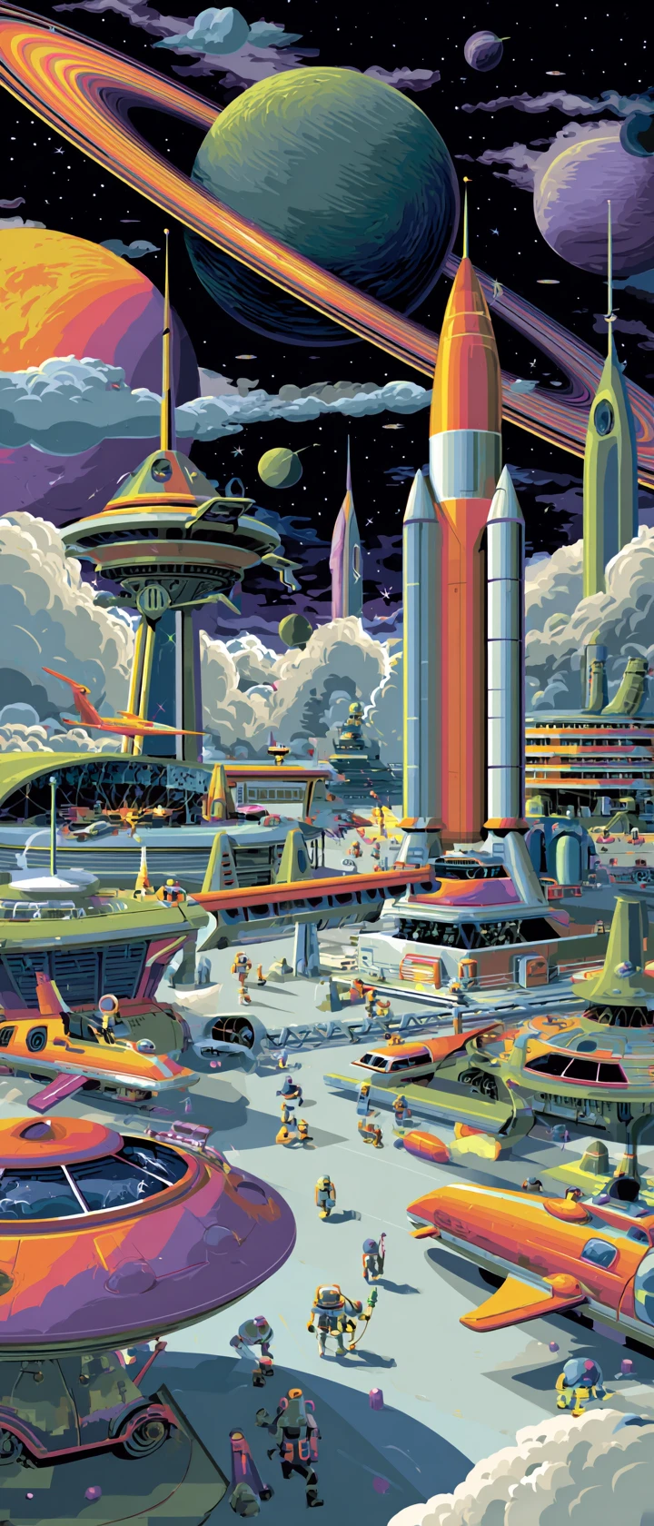 Ilustração de porto espacial futurista com foguetes e robôs