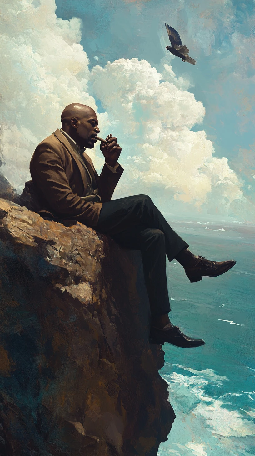 Bald gentleman smoking a cigar on a peaceful ocean cliff