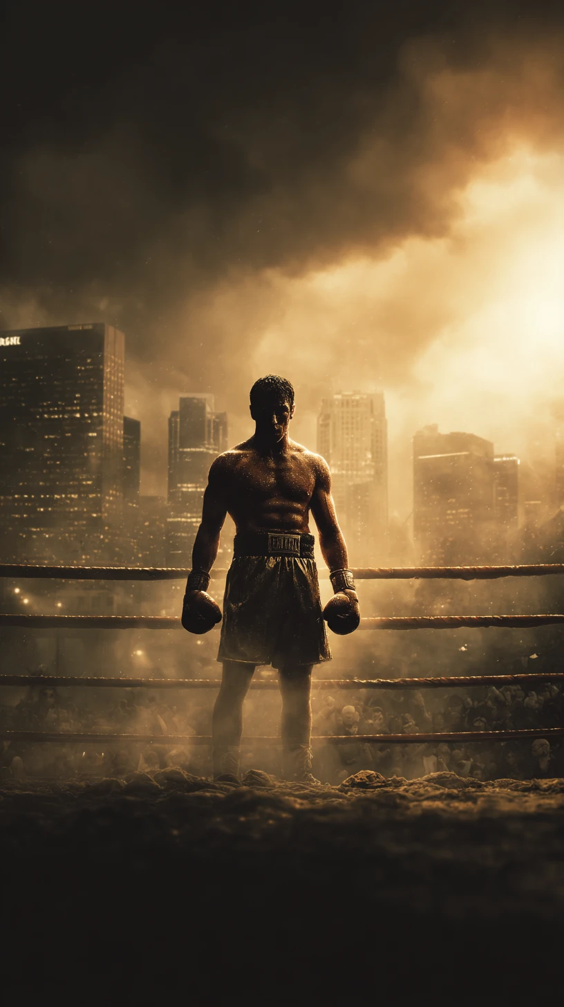 Triumphant boxer close up under golden light in ring