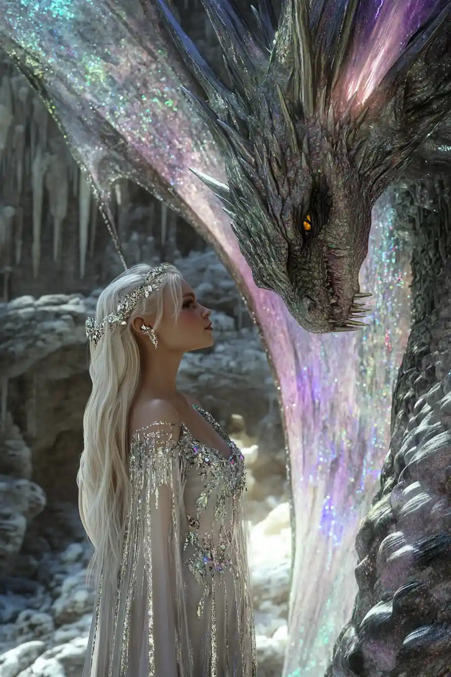 Dragon Hybrid Woman In Vast Crystal Cavern