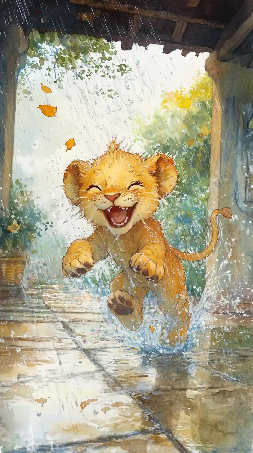 Playful baby lion shaking off rain on a wet porch