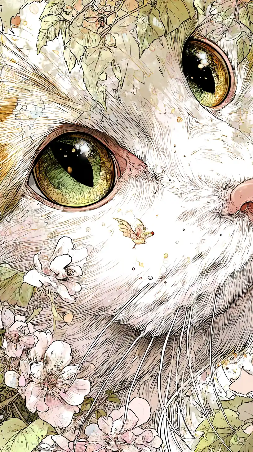 Espírito de gatinho neko encantado em flores de primavera de perto