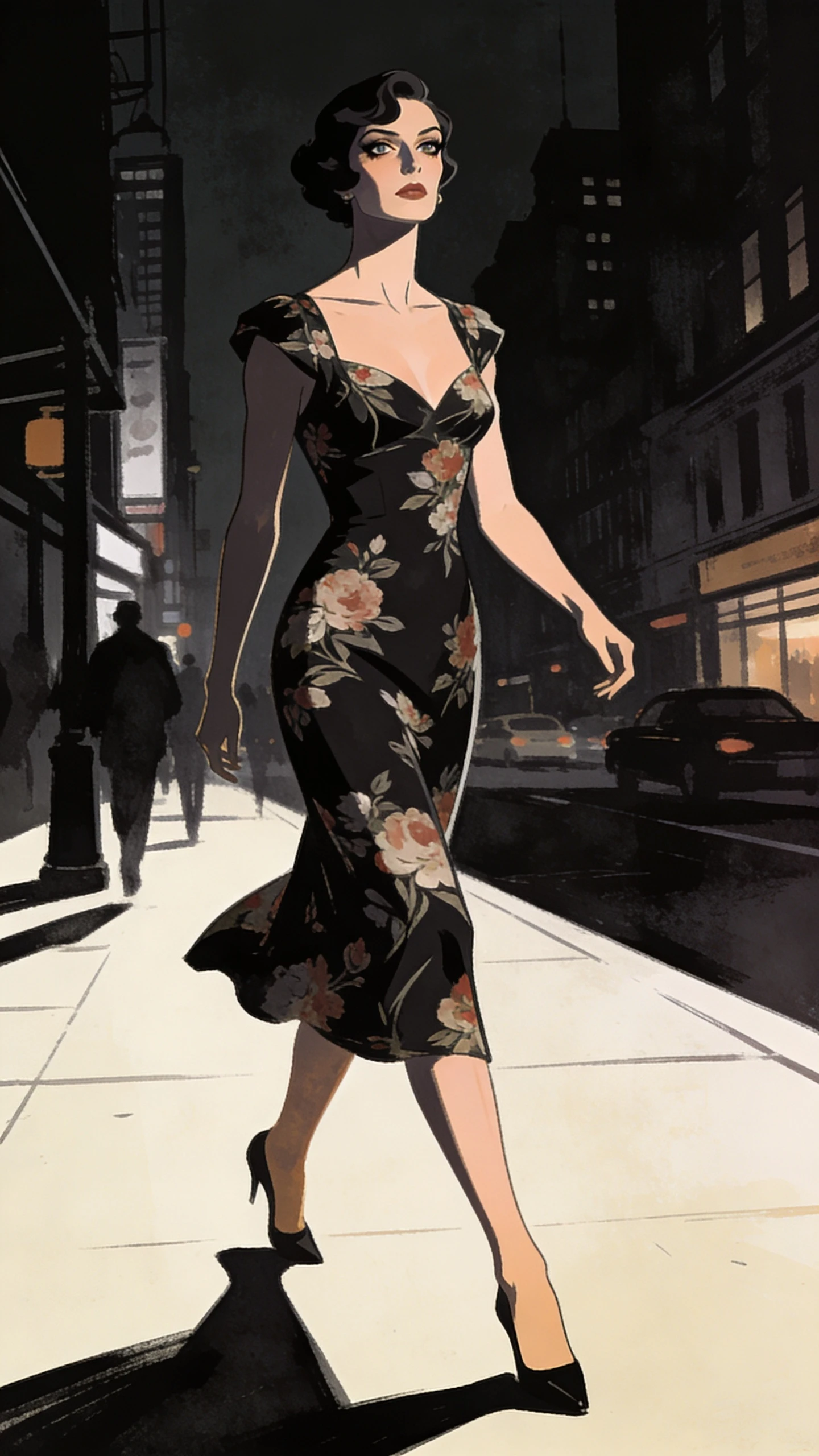 Mulher de vestido floral caminhando por ruas urbanas sombrias