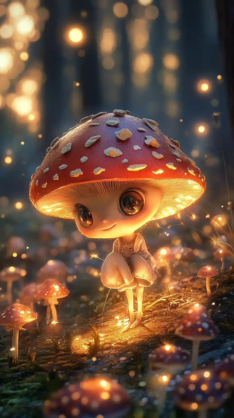 Whimsical Mushroom Child In A Glowing Fantasy Forest