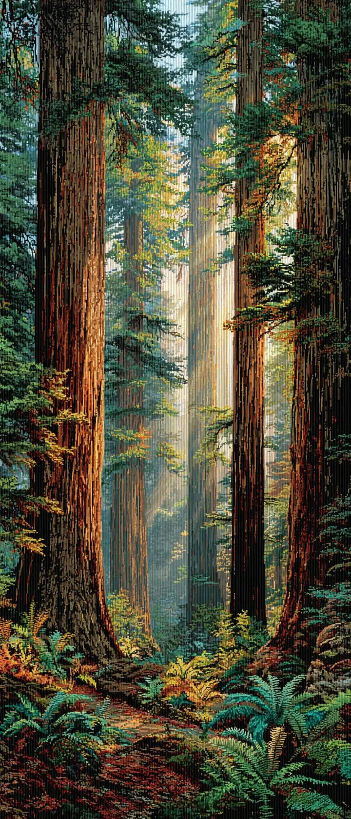 Raffinato Ricamo di un Antico Bosco di Sequoie all’Alba