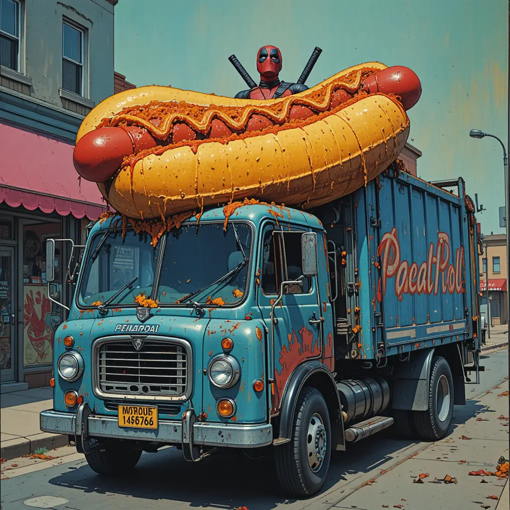 Deadpool che mangia un hot dog gigante su un camion della spazzatura d’epoca