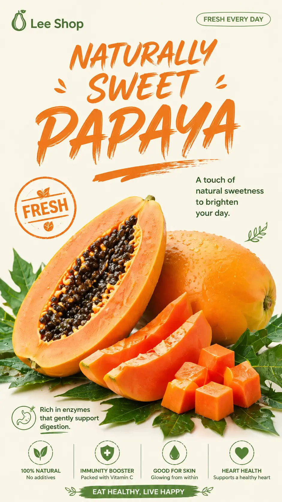 Affiche de papaye fraîche avec éclairage de studio naturel et doux