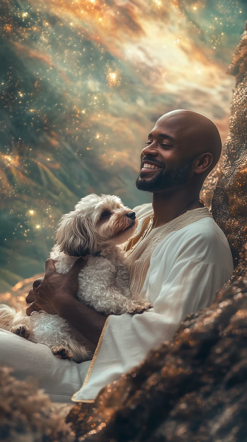 Homem careca sorridente segurando seu shih tzu em cenário surreal