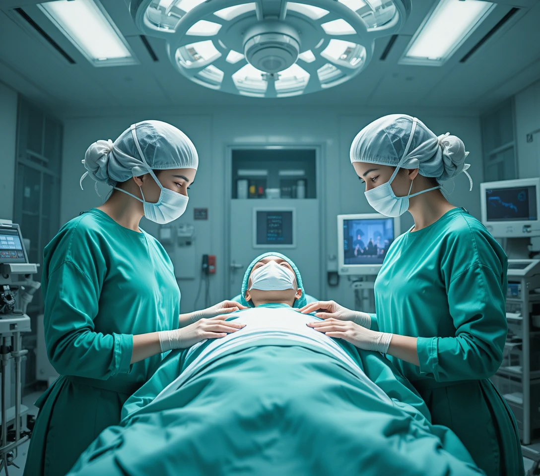 Duas enfermeiras ao lado de paciente em sala de cirurgia moderna