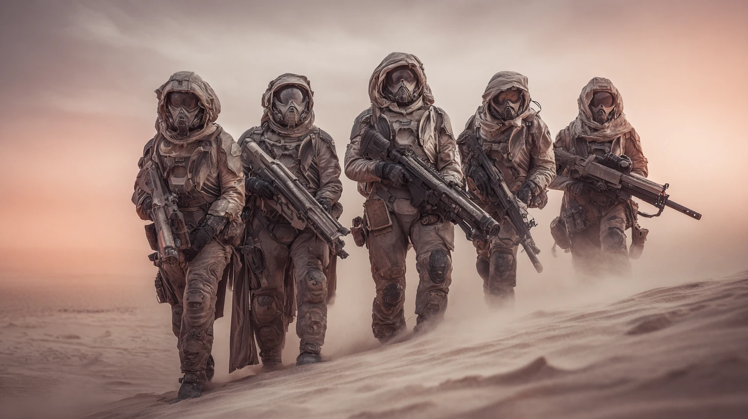 Fuzileiros blindados posam em uma cena de batalha sci-fi no deserto