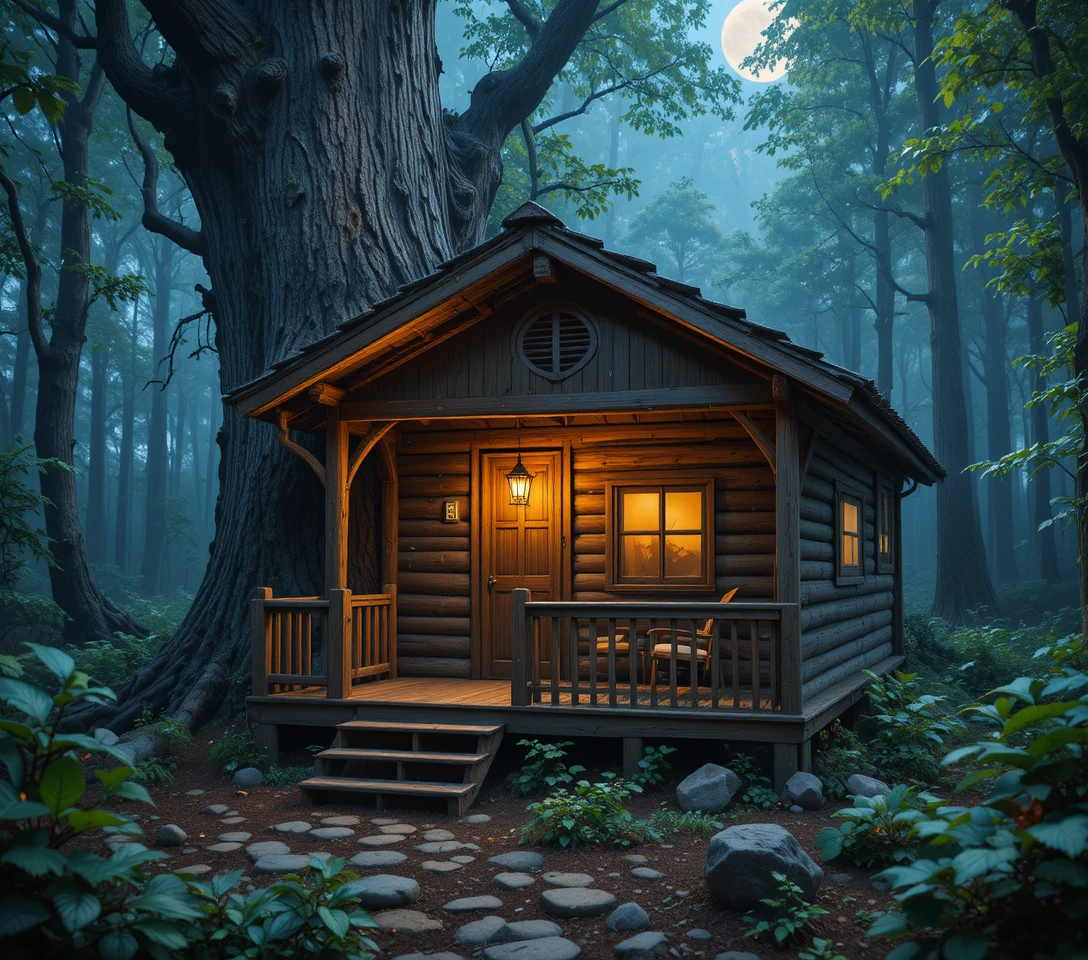 Rustikale Holzhütte im Baum, die sanft im mondbeschienenen Wald leuchtet