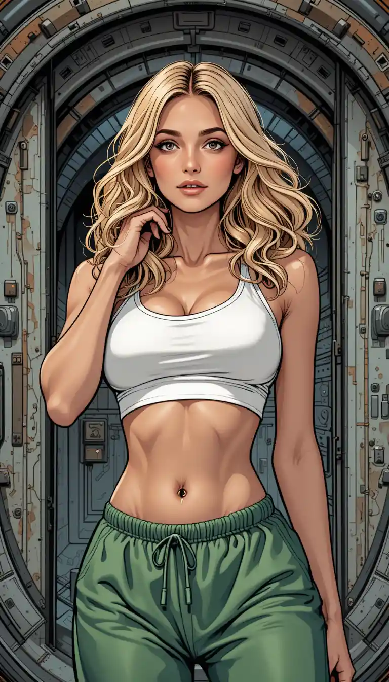 Young woman in sportswear posing before metallic spaceship wall