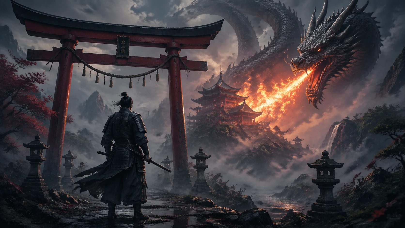 Samurai diante de portão torii e templo japonês enevoado