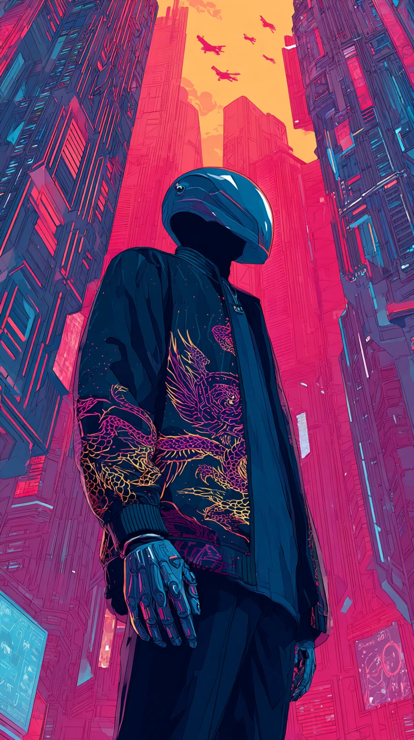 Figura com máscara cromada em cidade futurista neon