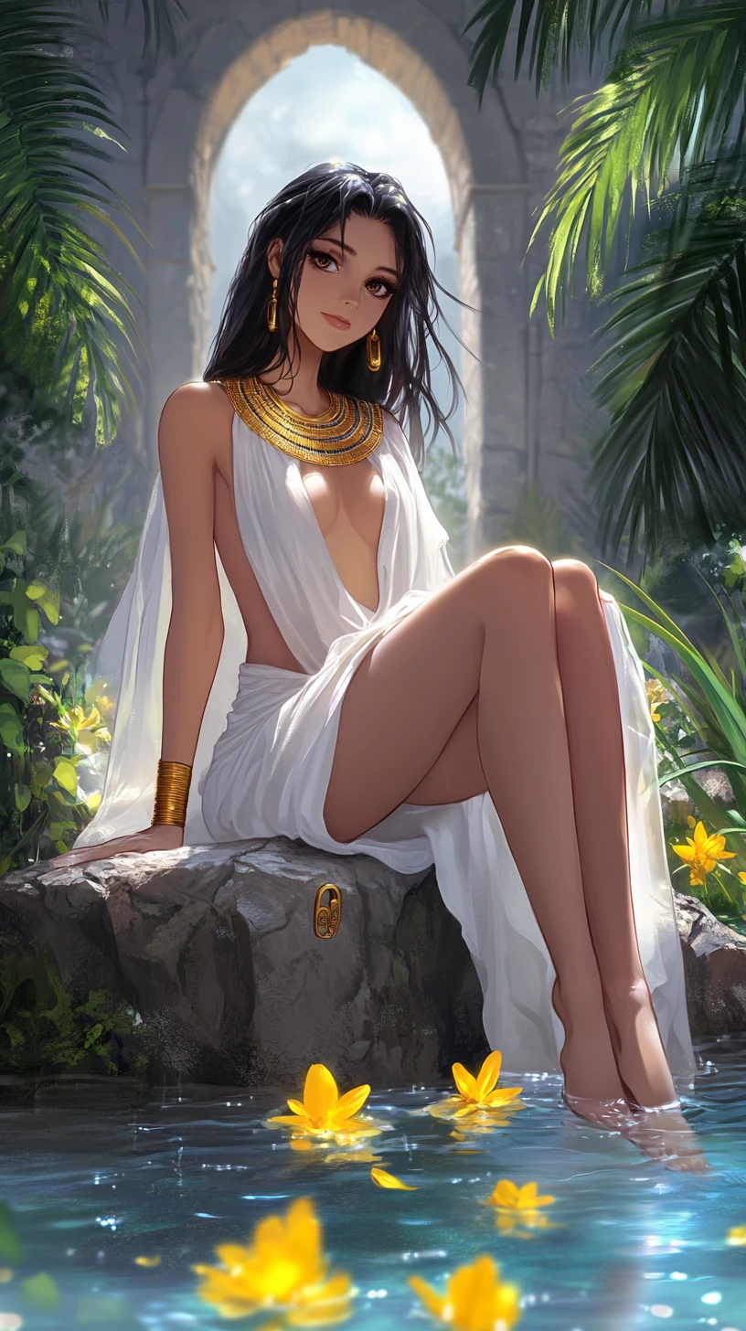 Anime goddess seated by water in ancient temple ruins