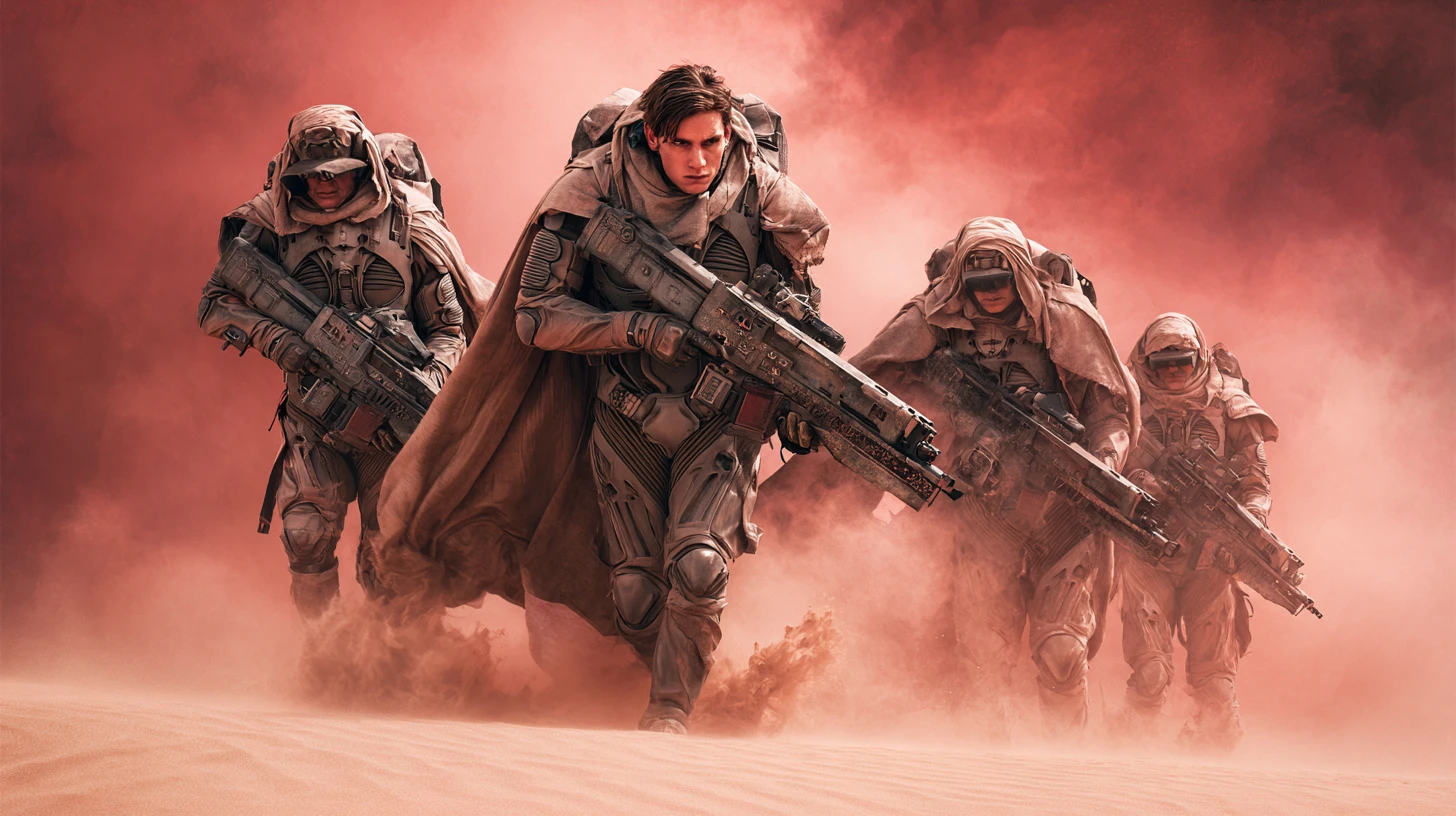 Fuzileiros navais sci-fi blindados mirando uma pesada smartgun em batalha