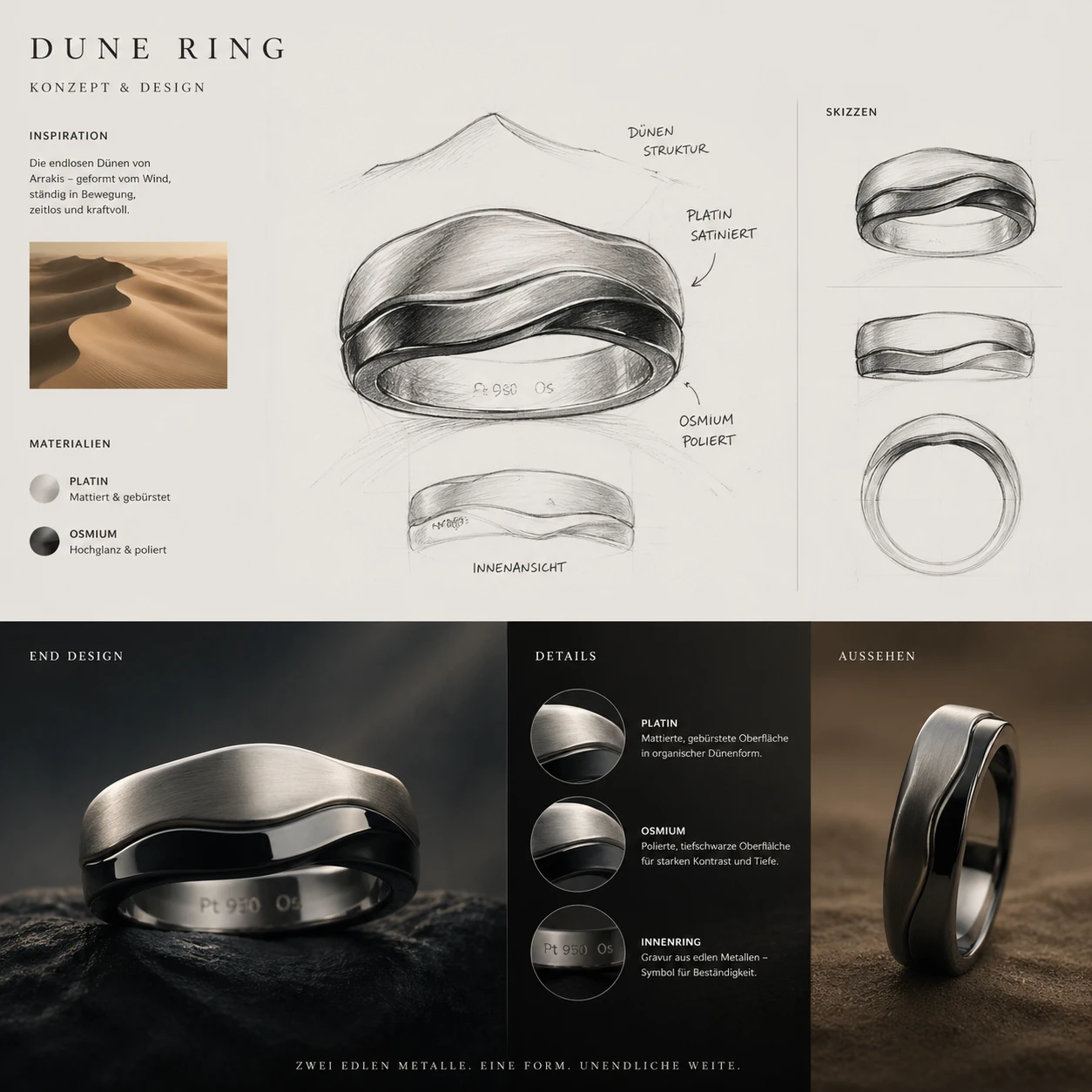 Platin- und Osmium-Ringkonzept mit Skizze und finalem Design