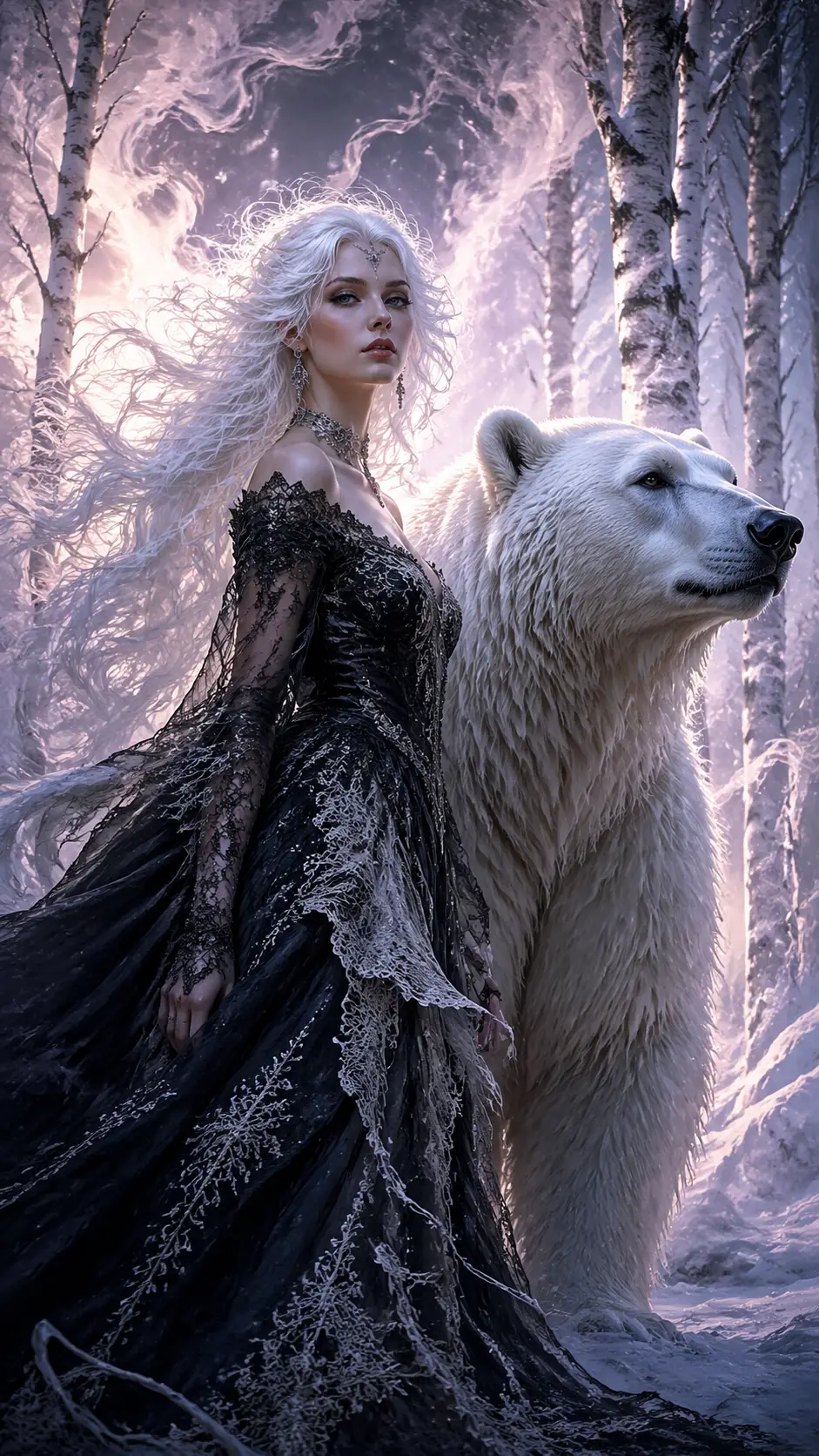 Mulher gótica com urso polar em uma floresta de inverno mística