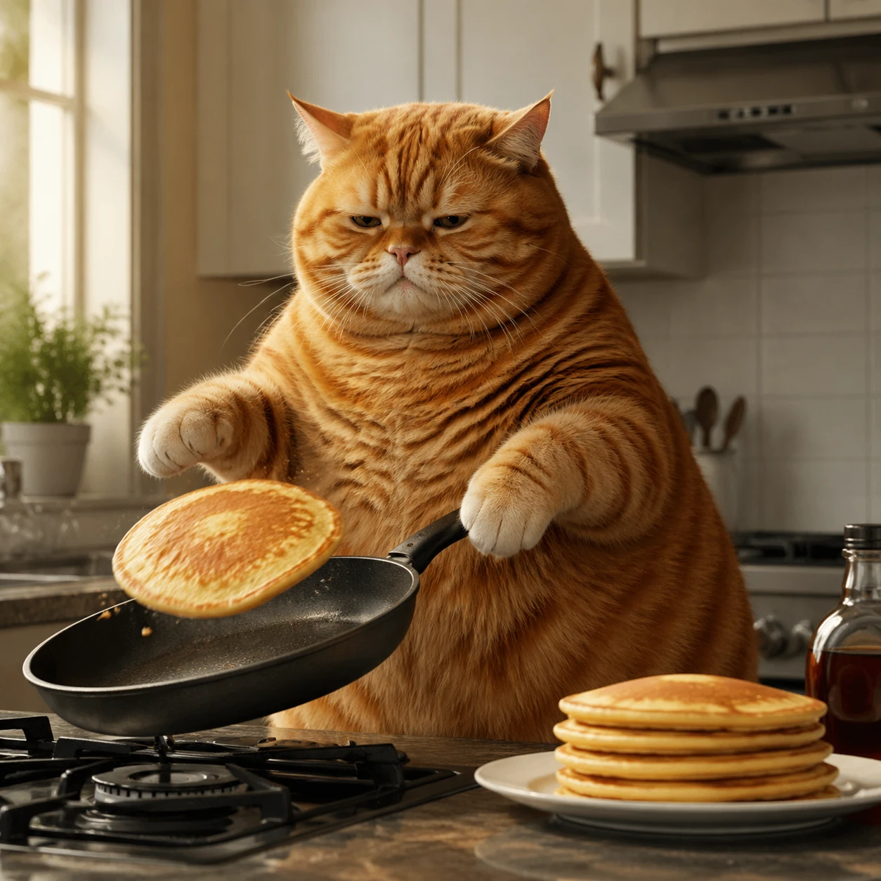 Gato laranja gordinho virando panquecas em uma cozinha moderna