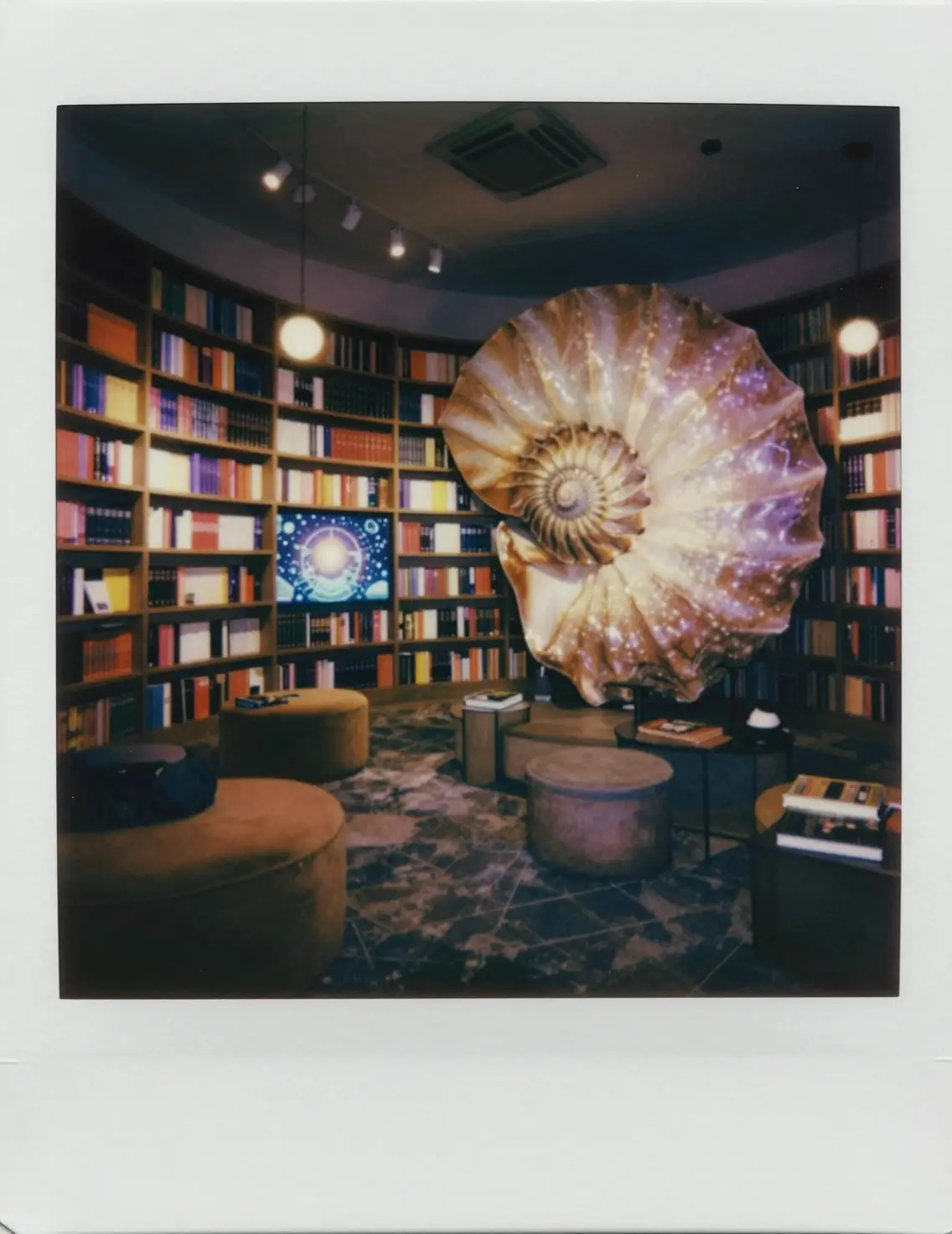 Accogliente Biblioteca al Neon Dentro di un Enorme Guscio di Nautilus