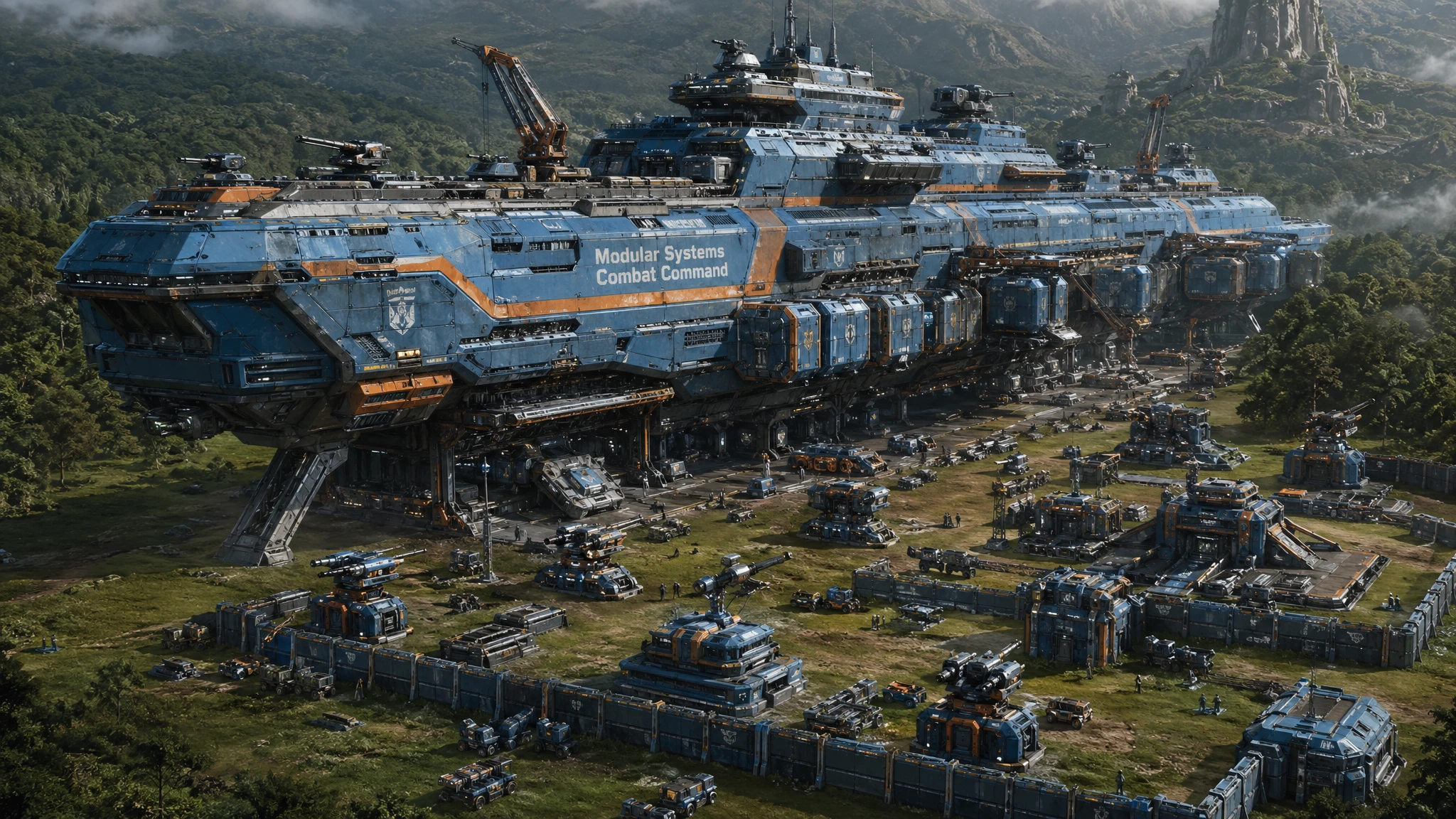 Colossal couraçado de carga modular pousando em um mundo alienígena exuberante