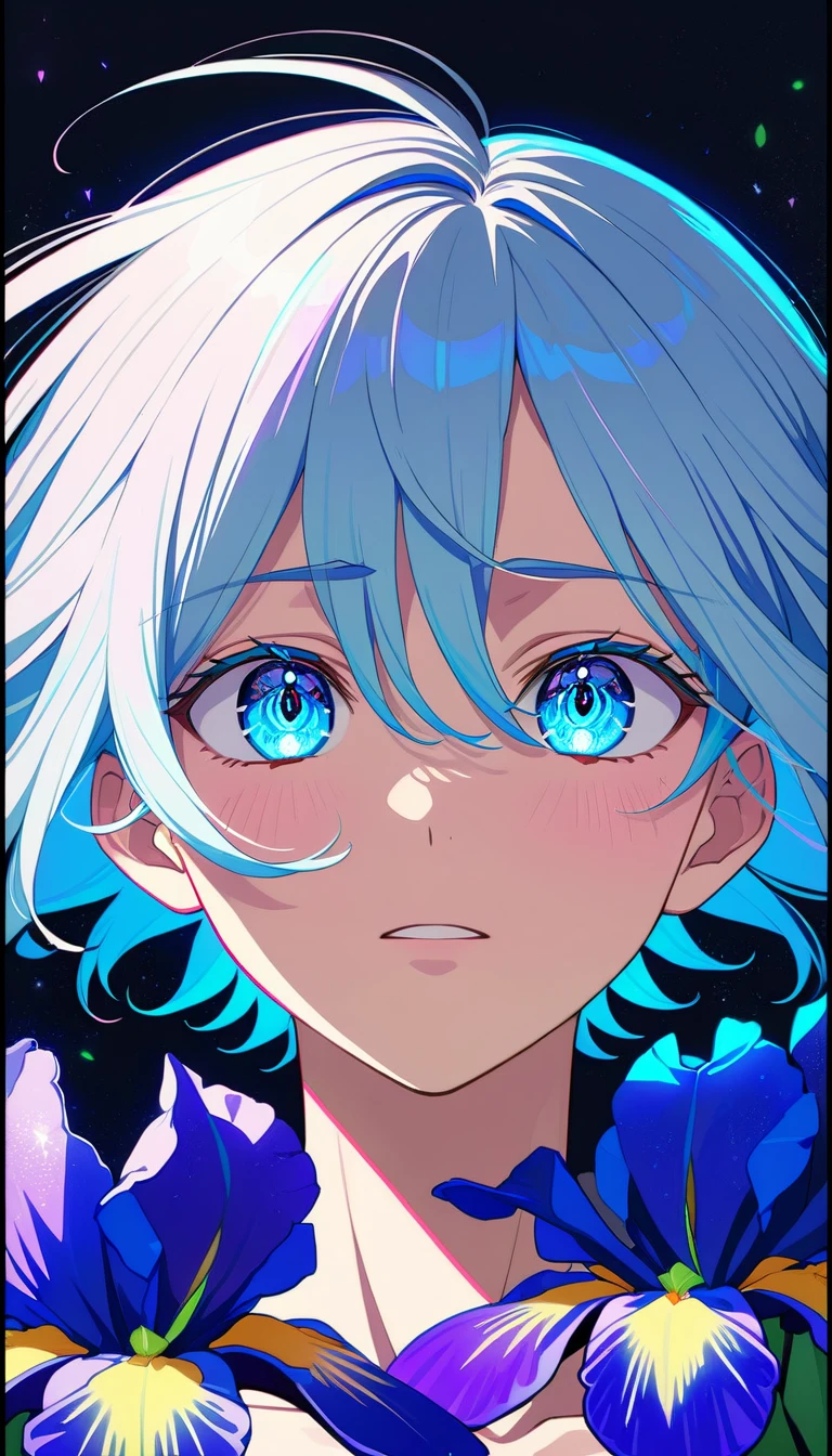 Garoto de anime triste em close extremo com olhos azuis brilhantes