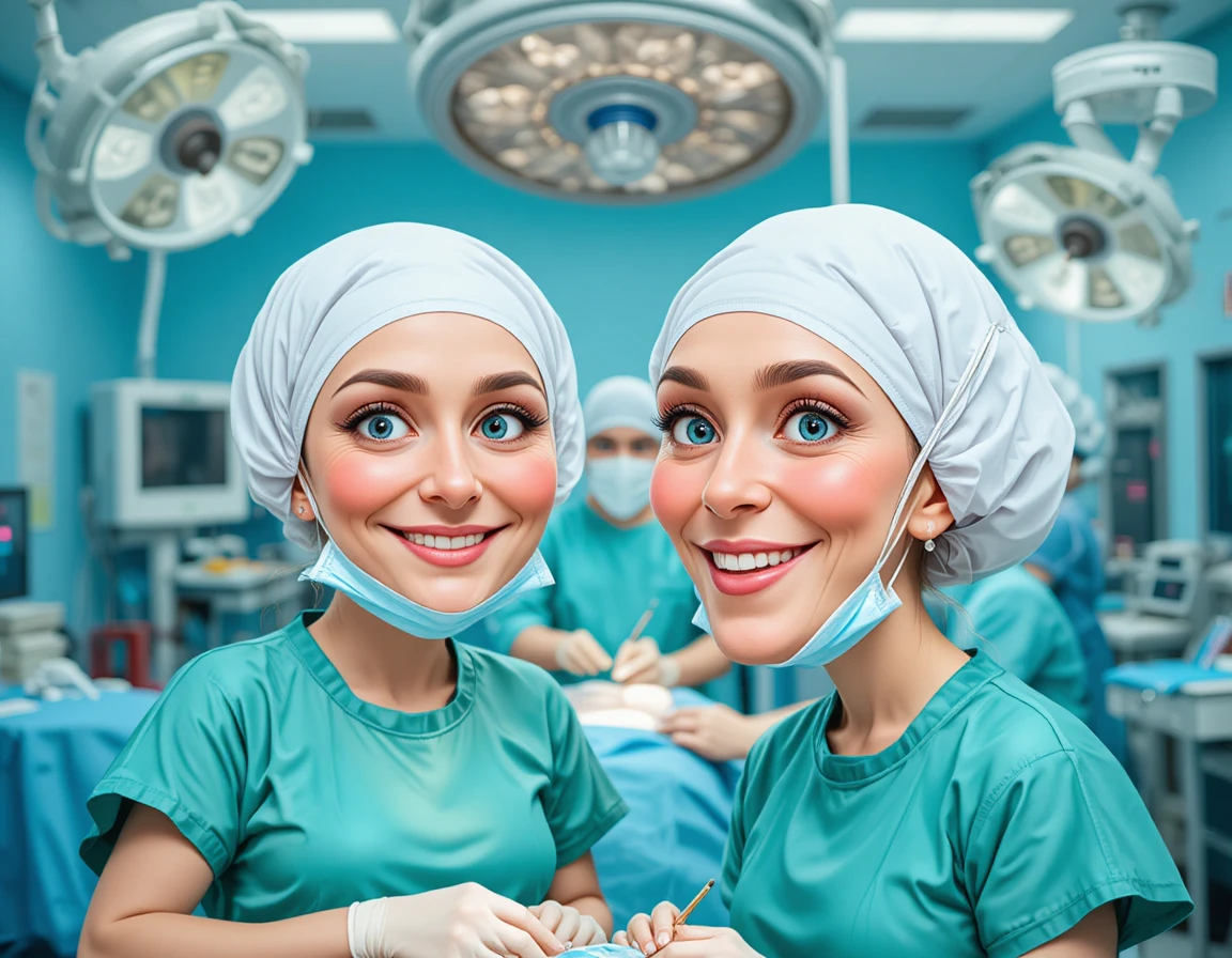 Duas profissionais de saúde mulheres com aventais verde-água em cirurgia
