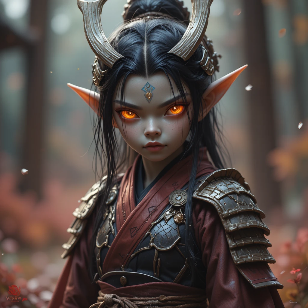 Guerrier elfe aux yeux démoniaques en armure de samouraï ailée tengu