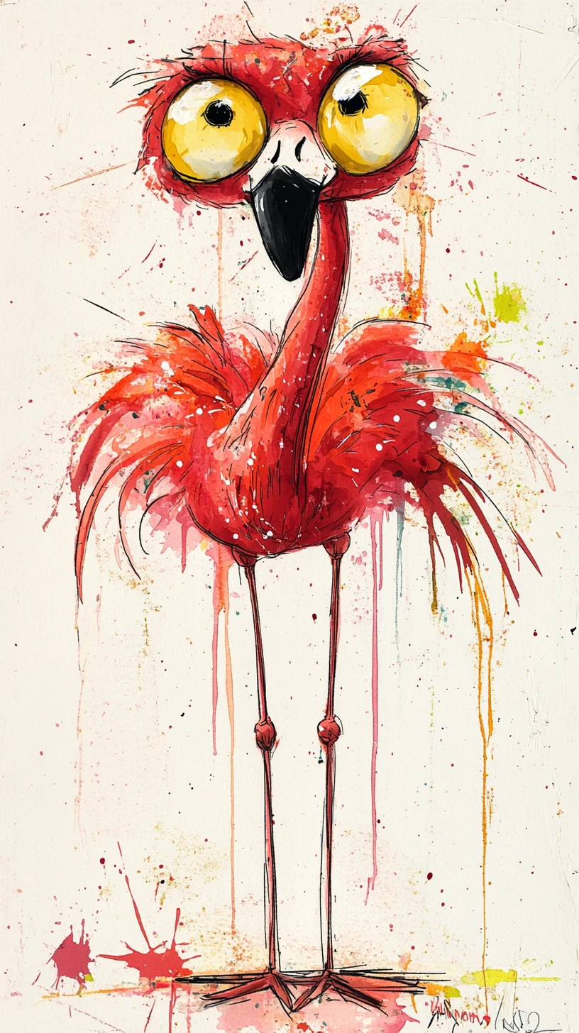 Flamingo aquarela brincalhão enroscado nas próprias pernas longas