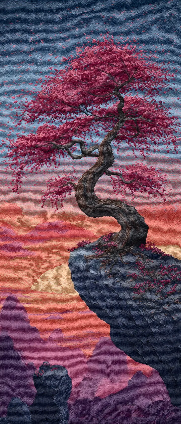 黃昏懸崖上的櫻花樹刺繡藝術