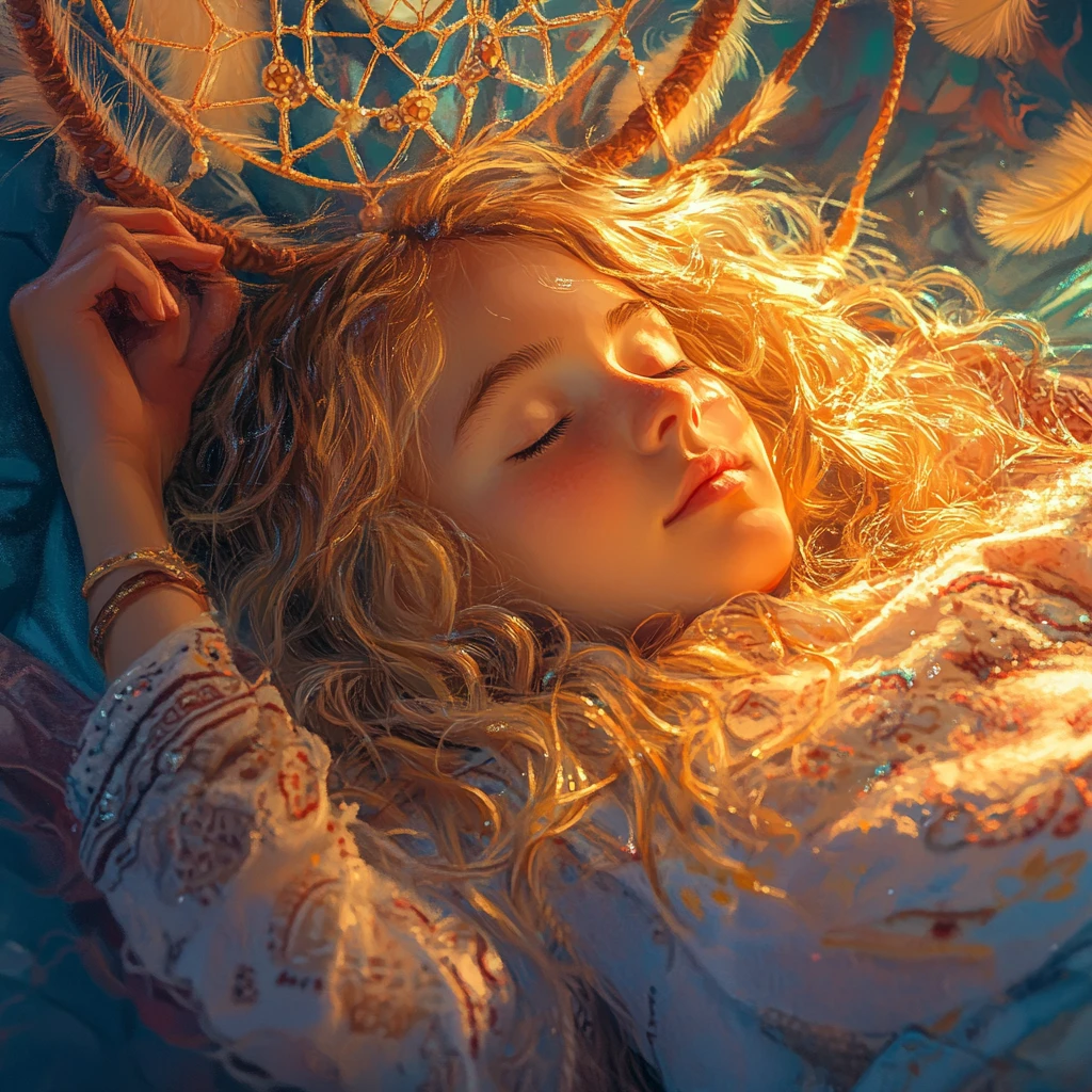 Menina fofa dormindo na cama sob um filtro dos sonhos luminoso