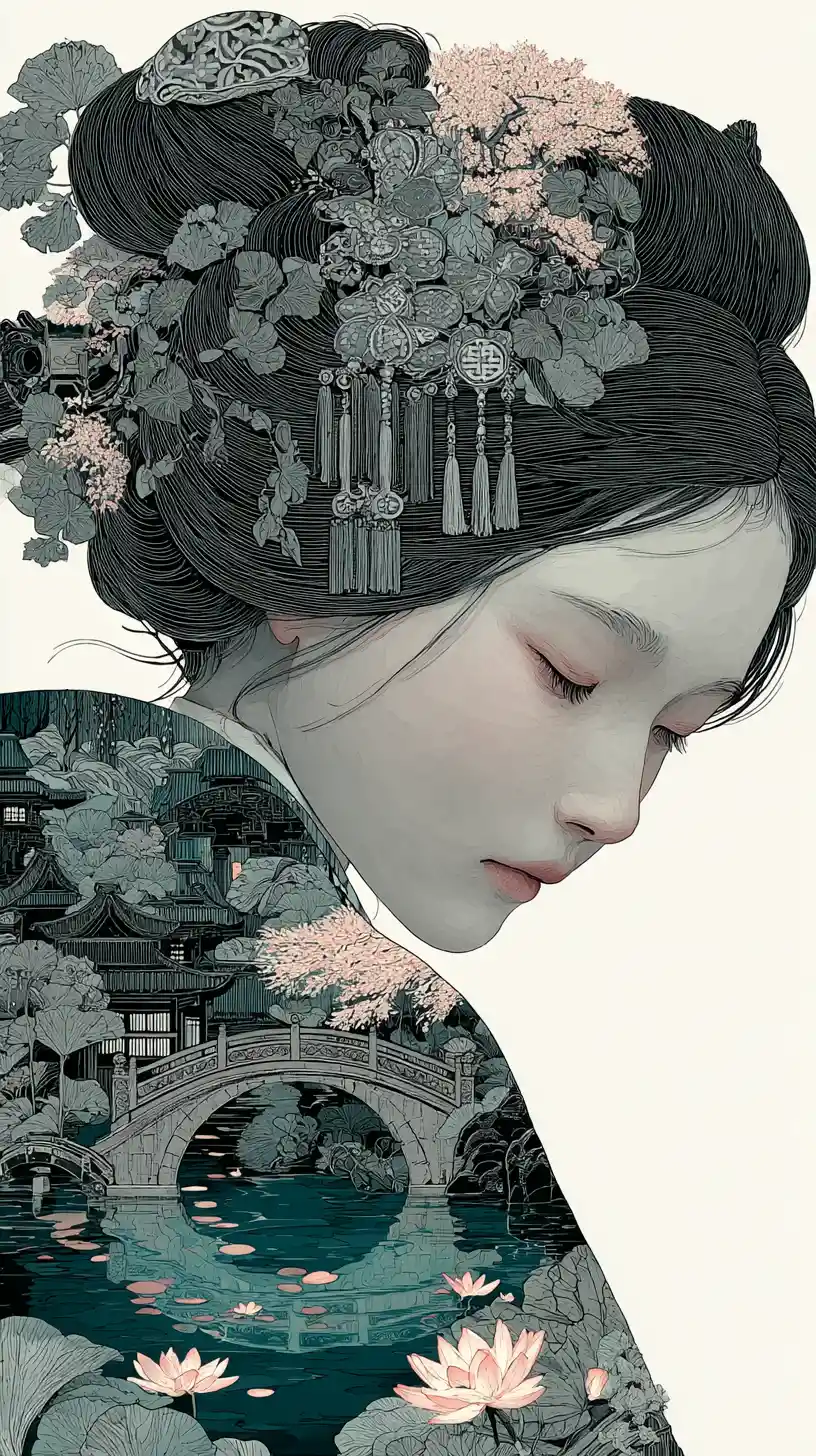 Serene Japanese woman in kimono with inner garden scene