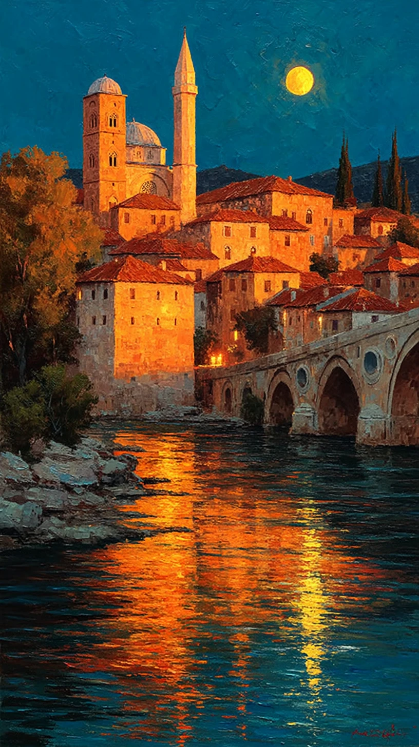 Crépuscule doré sur une ville historique en pierre au bord de la rivière