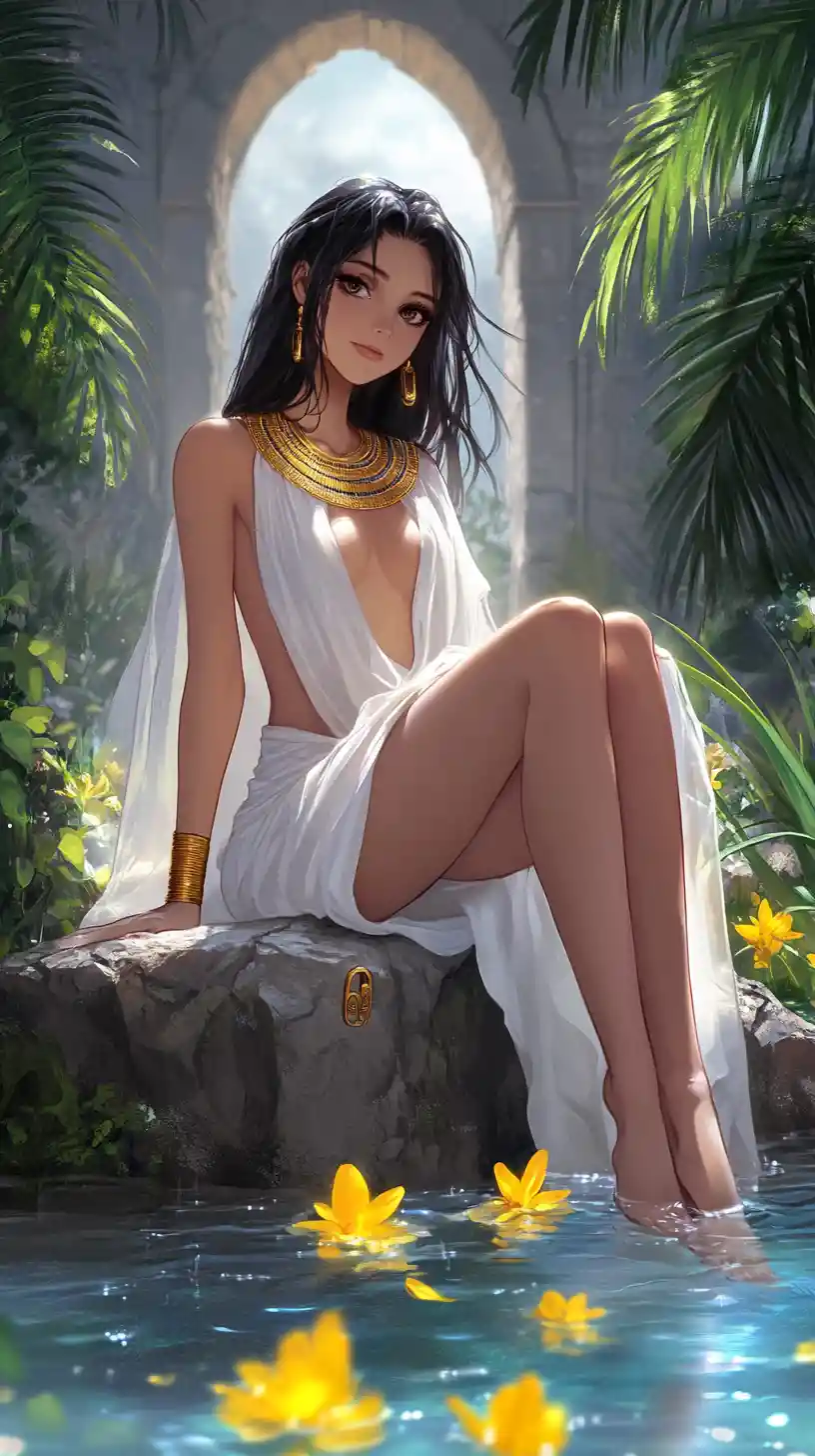 Anime goddess seated by water in ancient temple ruins