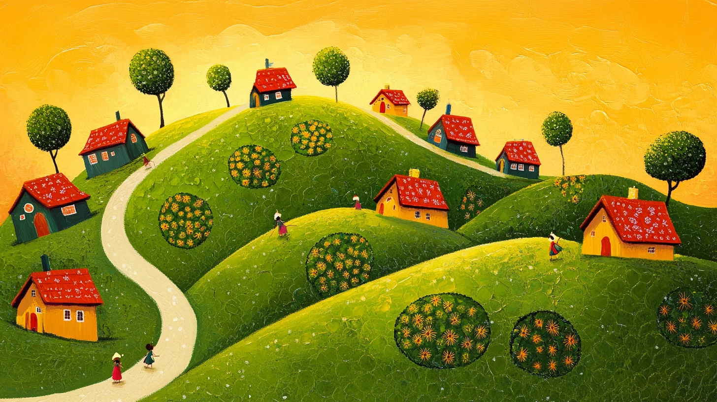 Vila Fantasiosa em Colinas Verdes no Estilo Folk Art Dourado