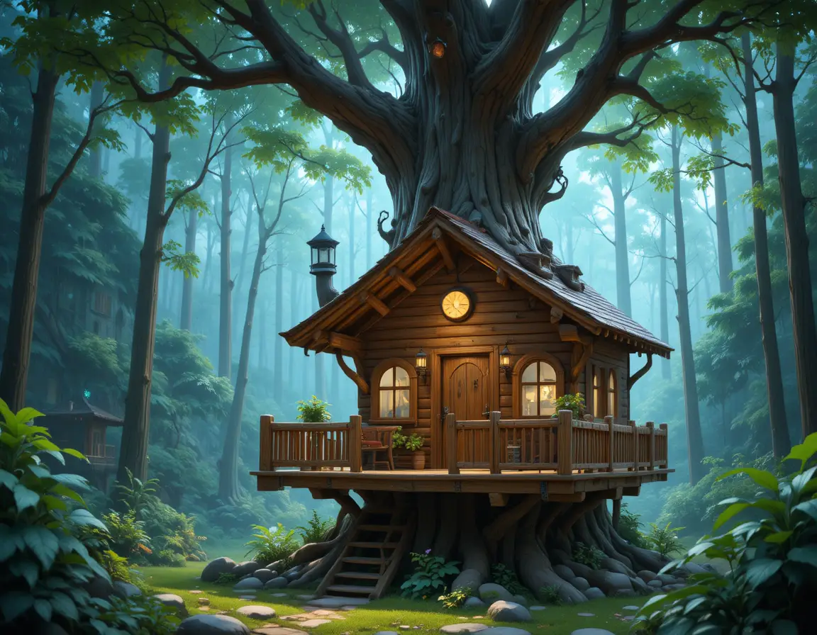 Cozy wooden treehouse balcony in a moonlit fantasy forest