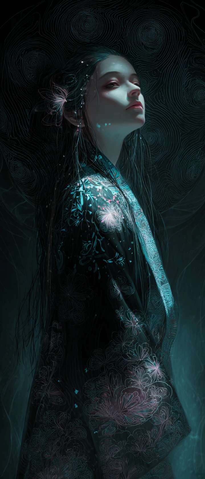 Ethereal maiden with glowing patterns in dark haori